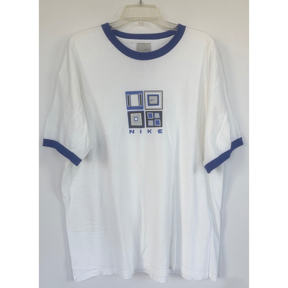 Vintage Nike Ringer T Shirt Mens XL White Blue Geometric Graphic Made USA Cotton